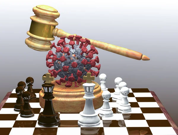Chessboard Hammer Justice Model Covid Coronavirus Chess Piece Kings Pawns — Stockfoto