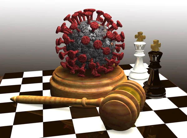 Chess Board Hammer Justice Chess Piece Kings Model Covid Coronavirus — стоковое фото