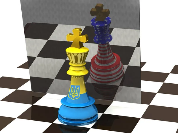 ウクライナの旗とテクスチャで王のチェスの駒 鏡の反射には 米国国旗の質感を持つ王のチェスの駒が見えます 3Dレンダリング — ストック写真