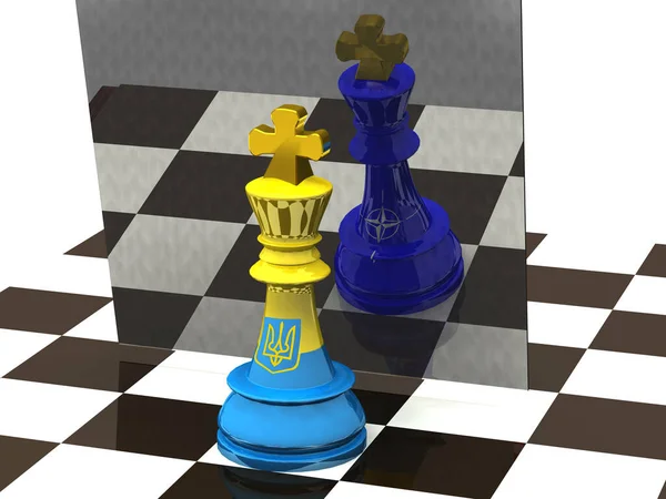 Chess piece of the king in textures with the flag of Ukraine.  In the reflection of the mirror, a chess piece of the king with the textures of the NATO flag is visible. 3d rendering.