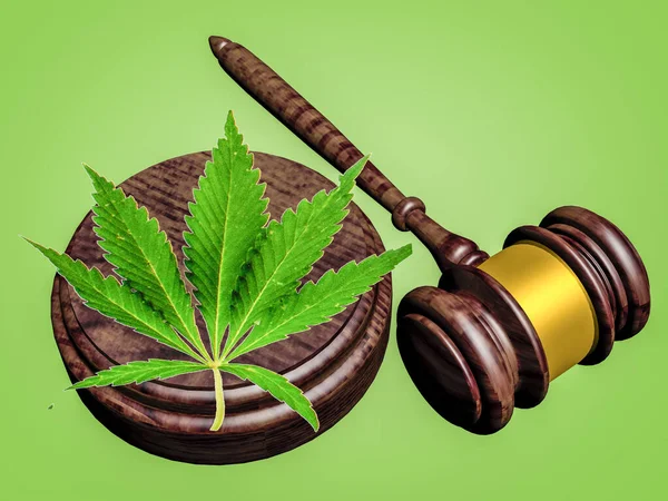 Uma Folha Cannabis Está Martelo Justiça Renderização Imagem De Stock