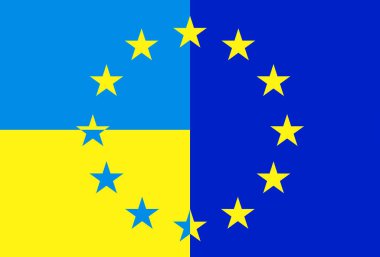 Ukrayna bayrağıyla Avrupa Birliği 'nin soyut birleşmesi. Ukrayna 'nın AB' de birleşmesinin sembolü