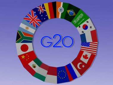 G20 Zirvesi. G20 ülkelerinin bayrakları. 3d oluşturma.