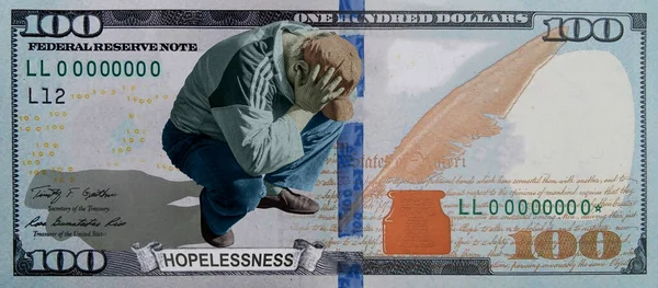 Textured Hundred Dollar Bill Sitting Man Despair — Stockfoto