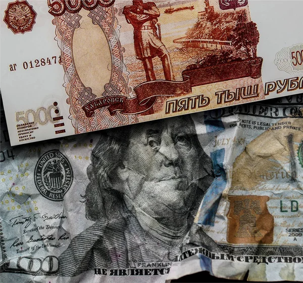 Crumpled Dollar Top Dollar Crumpled Russian Ruble Symbol Dollar Weakness — Stockfoto