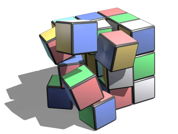 Rumbling Falling Apart Scattering Multicolored Square Cubes — ストック写真