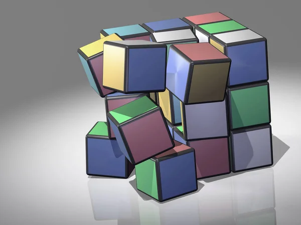 Rumbling Falling Apart Scattering Multicolored Square Cubes — ストック写真