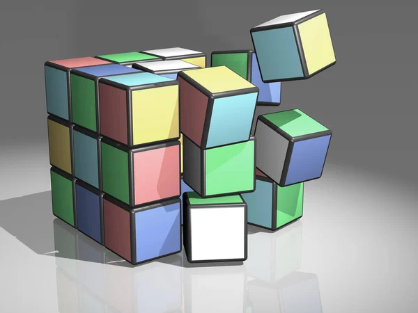 Грохот Разваливающийся Рассеивающий Разноцветные Квадратные Кубики — стоковое фото