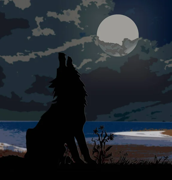 The silhouette of a howling wolf on a dark foggy background and a full moon or the silhouette of a Wolf howling at the full moon. Halloween horror concept.,    .   .