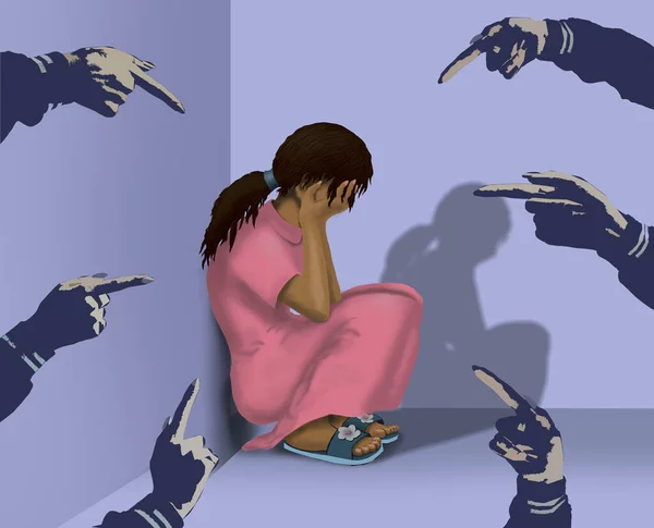 A sad young woman is sitting on the floor, many fingers are pointing at her, The woman covers her face with shame. Illustration