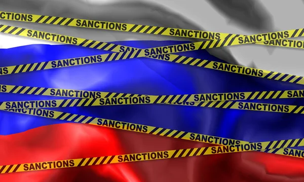 Yellow Ribbons Inscription Sanctions Covering Flag Russian Federation Economic Isolation — Stock Photo, Image