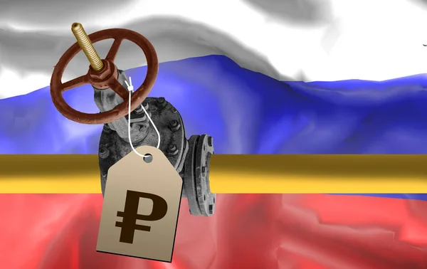 Price Tag Logo Russian Ruble Background Flag Russia Gas Pipeline — Stock Photo, Image