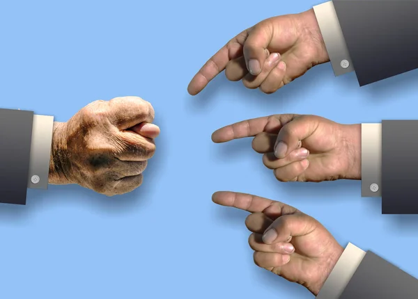 Mãos Masculinas Apontando Para Uma Mão Com Dedo Médio Provocante — Fotografia de Stock