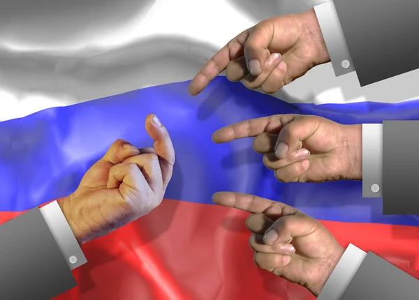 Мужские Руки Указывающие Руку Провокационным Средним Пальцем Фоне Российского Флага — стоковое фото