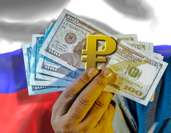 Concept Suppression Dollar Russian Ruble Human Hand Dollars Logo Russian — Stock Photo, Image