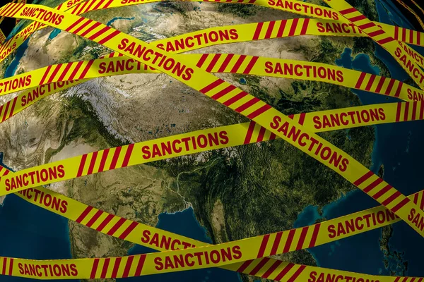 Close Planet Earth Surrounded Yellow Ribbon Inscription Sanctions Symbol Suffering — Foto de Stock