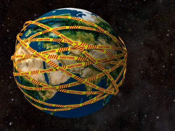 Planet Earth Surrounded Yellow Ribbon Inscription Sanctions Symbol Suffering Whole — Zdjęcie stockowe