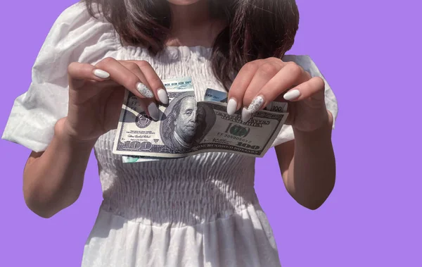 Torn Dollar White Background Girl Hand Tears Dollar Bill — Zdjęcie stockowe