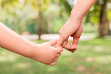 Baba, halk bahçesinde oğlunun elini tutuyor.