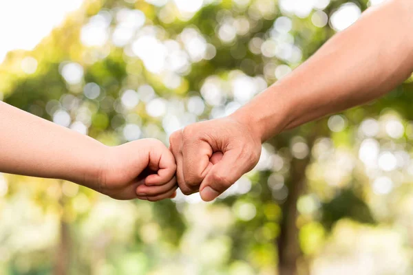 Vater Hält Sohn Die Hand Öffentlichem Garten Stockbild