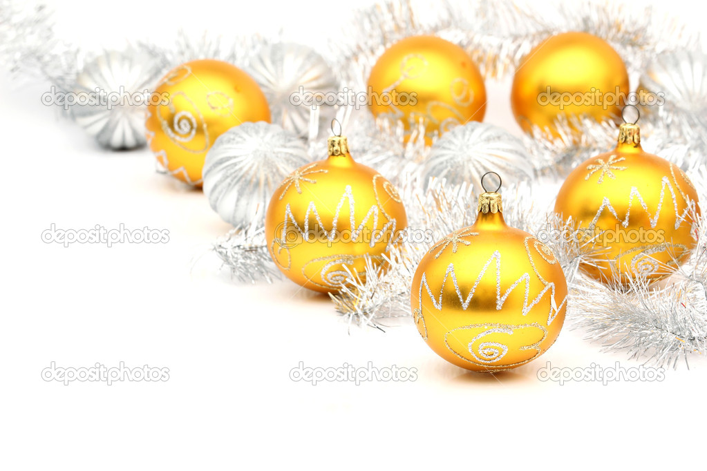 Set of white and yellow christmas ball on white