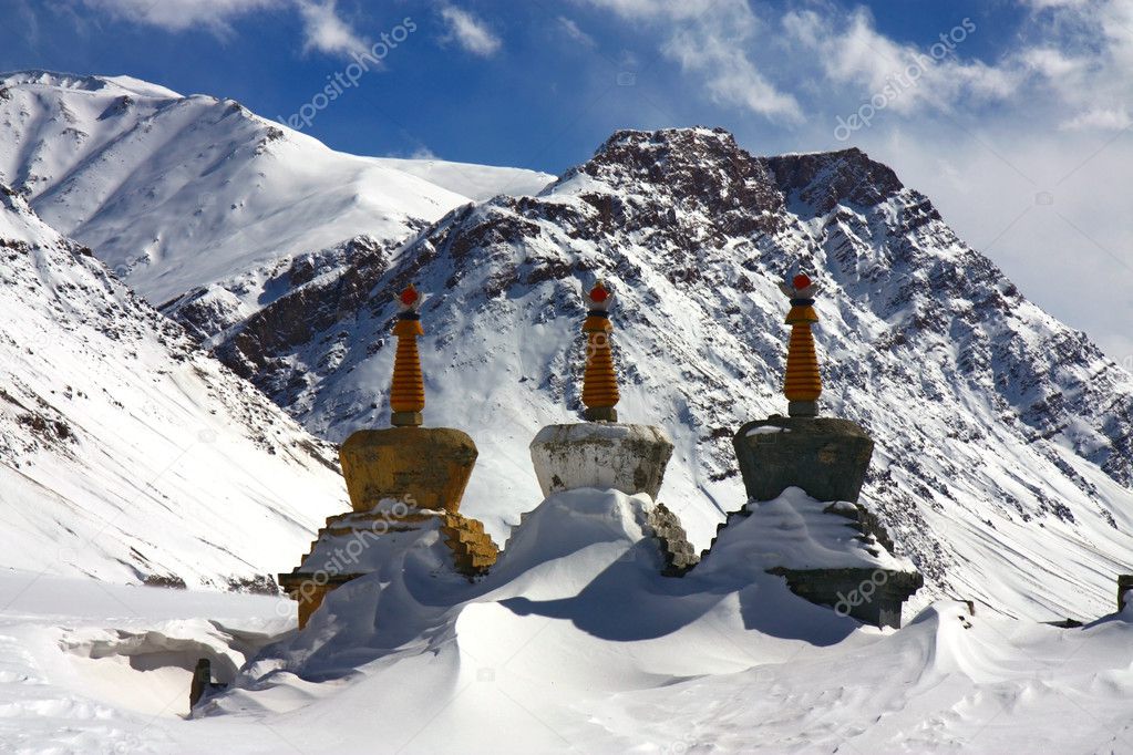 tree stupas in winter himalaya