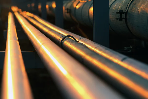 Longa linha de tubos na refinaria de petróleo durante o pôr do sol — Fotografia de Stock