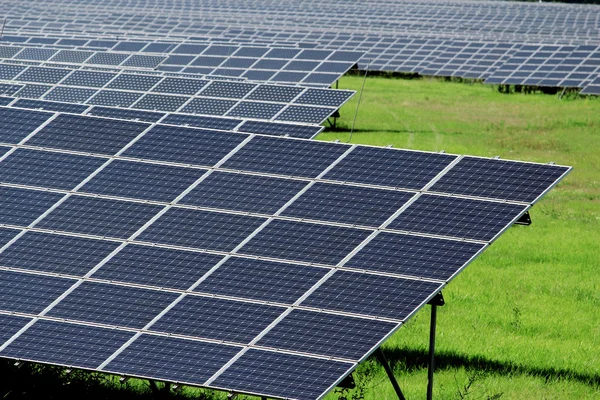 Huge field of solar power panels on meadow Stock Image