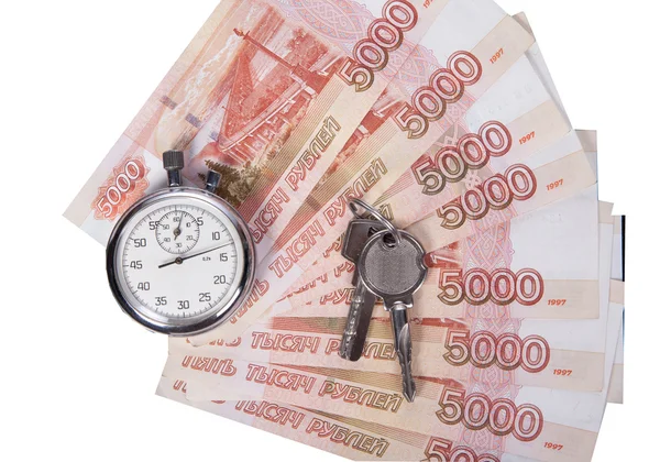 Cronómetro, llaves y dinero — Foto de Stock