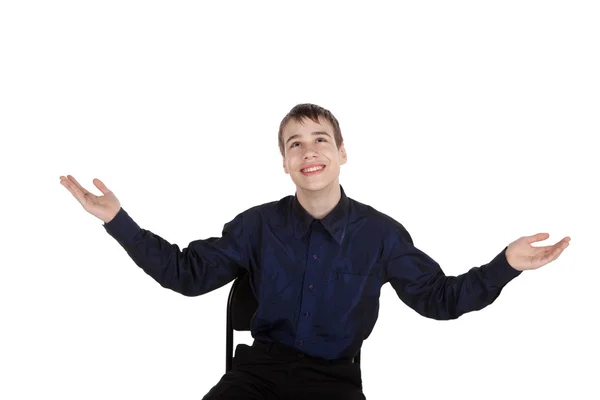 Adolescente feliz no fundo branco olhando para cima — Fotografia de Stock