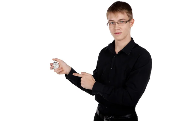 Mladý muž se stopkami v ruce na bílém pozadí — Stock fotografie