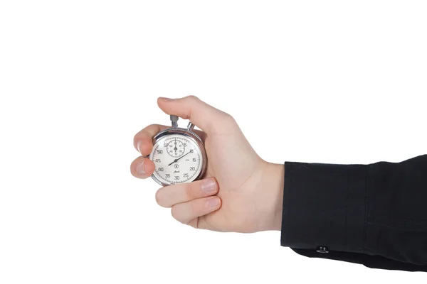 Mano dell'uomo con un cronometro su sfondo bianco Immagini Stock Royalty Free