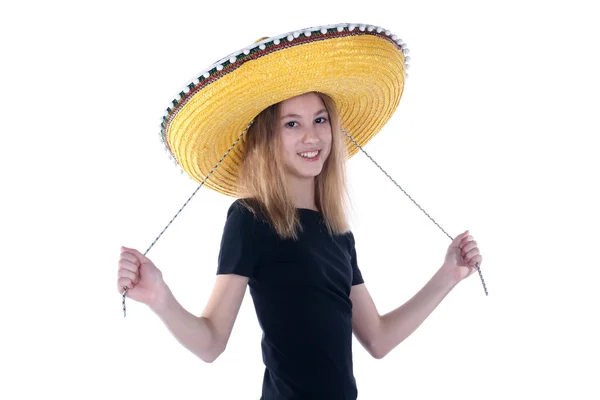 Fille dans un sombrero sur un fond blanc — Photo