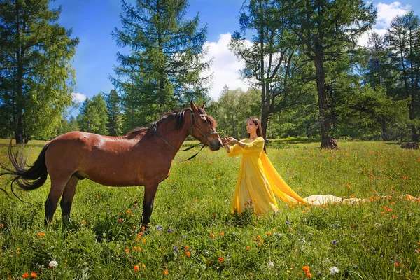 黄色のドレスを着たアジア系の美しい女性が夏にアルタイ山脈で馬と一緒に歩いています 観光コンセプト — ストック写真