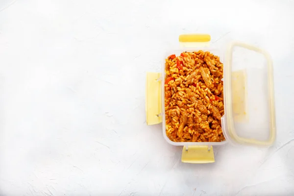 Vegetarian Jollof Rice Soy Meat Transparent Lunch Box White Background — Stock Photo, Image