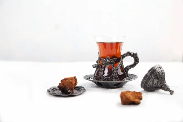 Chaga Tea Turkish Glass Light Background Healthy Food Concept Copy — Stock Photo, Image