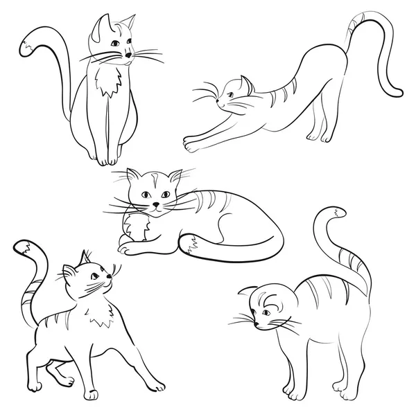 Un conjunto de cinco gatos de dibujos animados en diferentes poses, vector — Archivo Imágenes Vectoriales