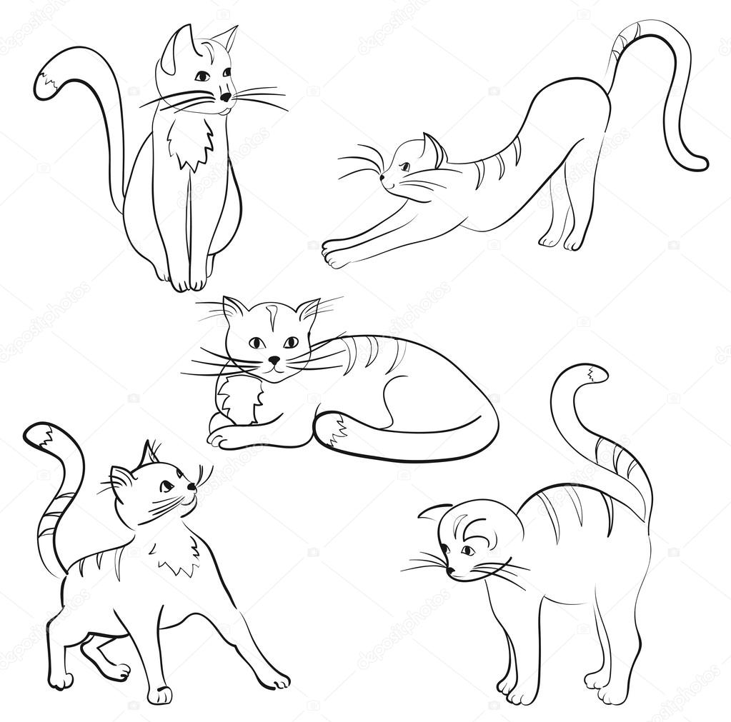 a set of five cartoon cats in different poses, vector