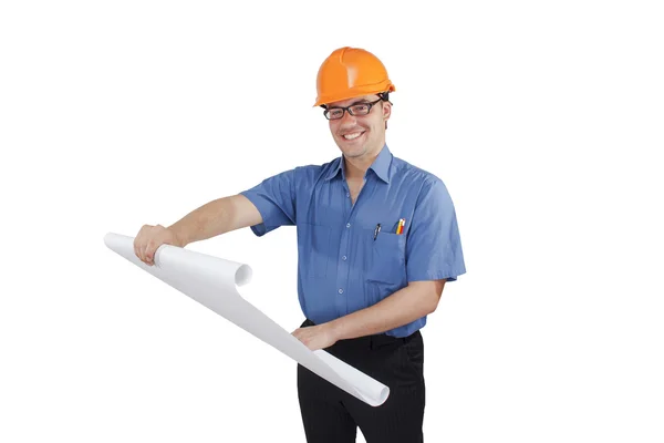 Young man in a construction helmet with the project in the hands — Stock Photo, Image