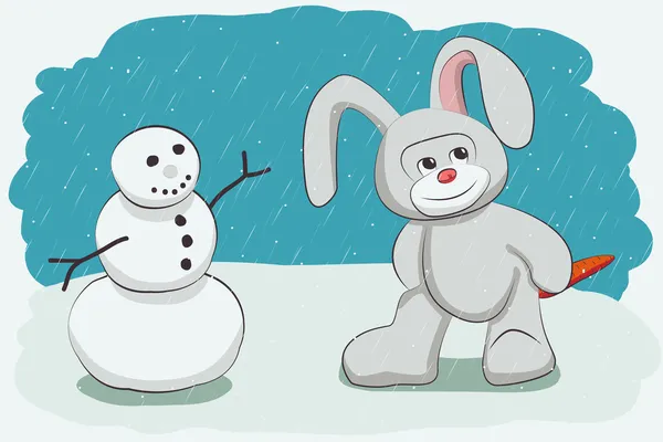 Sneeuwpop en bunny met wortelen gestolen — Stockvector