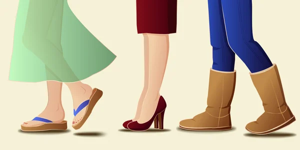 Piernas femeninas en calzado de temporada - ilustración vectorial — Vector de stock