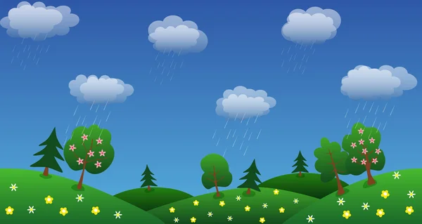 Regen Himmel Hintergrund mit grünem Gras und Blumen - Vektor Illustration — Stockvektor