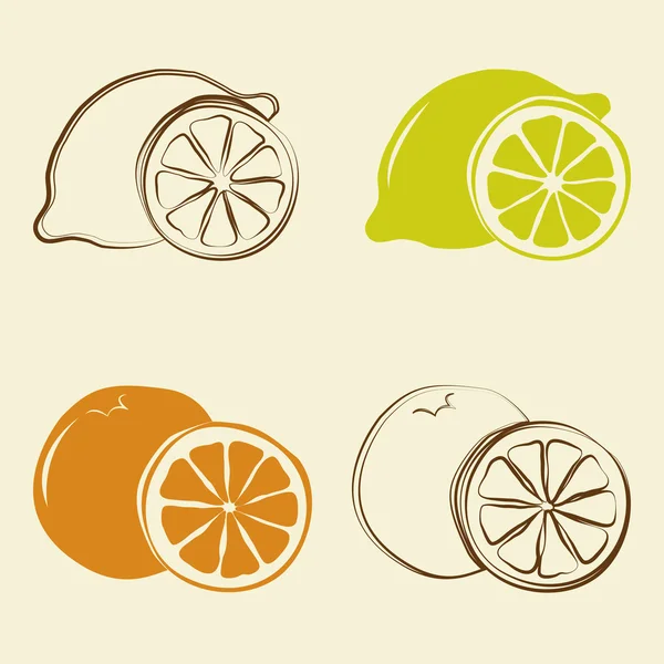 Iconos de limón y naranja - ilustración vectorial — Vector de stock