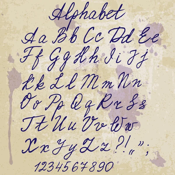 Alphabet manuscrit sur vieux papier avec taches - illustration vectorielle — Image vectorielle