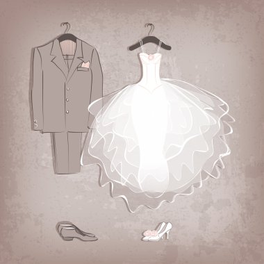bride dress and groom's suit on grungy background clipart