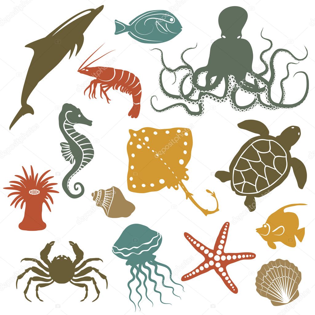 Sea animals and fish icons
