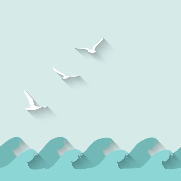 Fond marin avec vagues et oiseaux — Image vectorielle