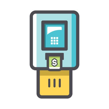 ATM 'de. Ödeme terminali. Para kutusu. Vektör Çizgi Filmi illüstrasyonu