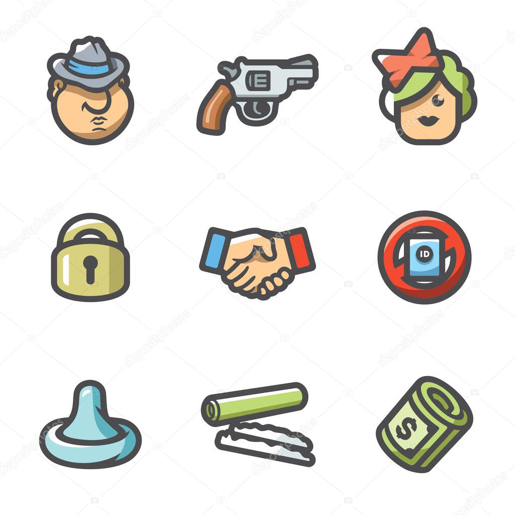 Crime and the slave trade icons set. Vector Illustration.