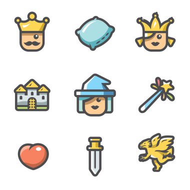 Uyuyan güzel, masal Krallık ve sihirli simgeler kümesi hakkında. Vektör çizim.